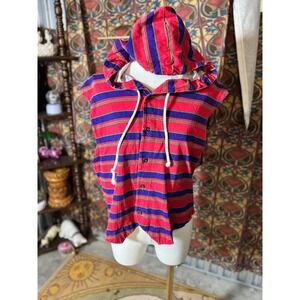 Basic American Goods Red Blue Stripe Sleeveless Hoodie Button Up Shirt Size‎ S